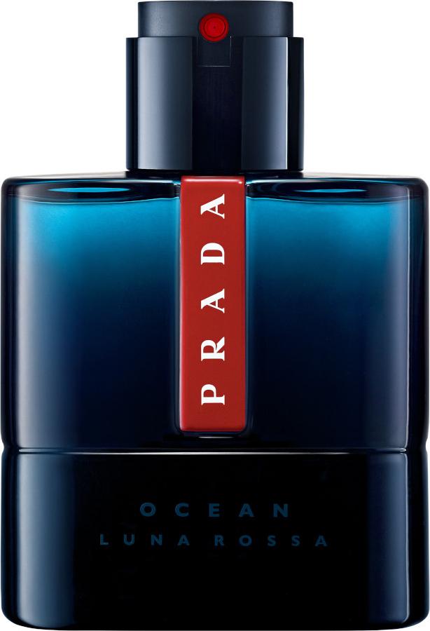 Flacon wody toaletowej PRADA Luna Rossa Ocean dla mężczyzn w eleganckim opakowaniu z logo marki Prada na białym tle