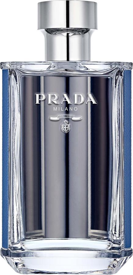 Flacon wody toaletowej Prada L'Homme L'eau 100ml na białym tle - eleganckie perfumy męskie w charakterystycznym opakowaniu marki Prada