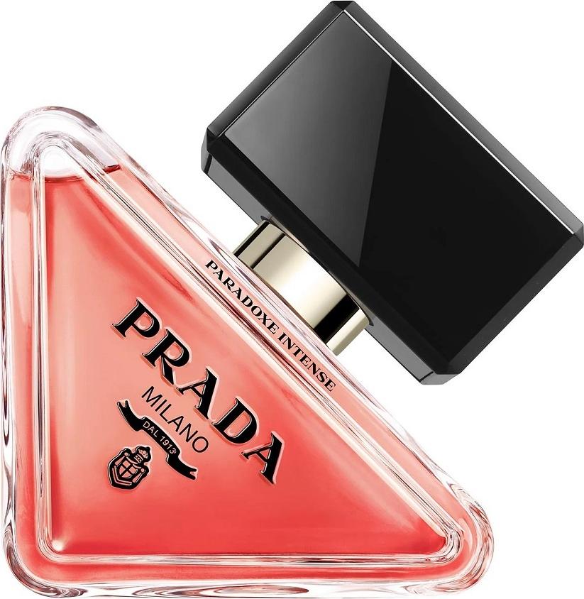 Flakon perfum Prada Paradoxe Intense Refillable 30ml w minimalistycznym trójkątnym kształcie na białym tle z eleganckim opakowaniem marki