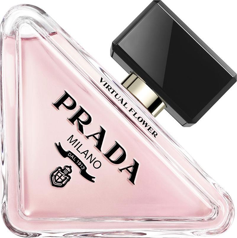 Prada Paradoxe Virtual Flower woda perfumowana 90ml w eleganckiej trójkątnej butelce z logo marki Prada na białym tle