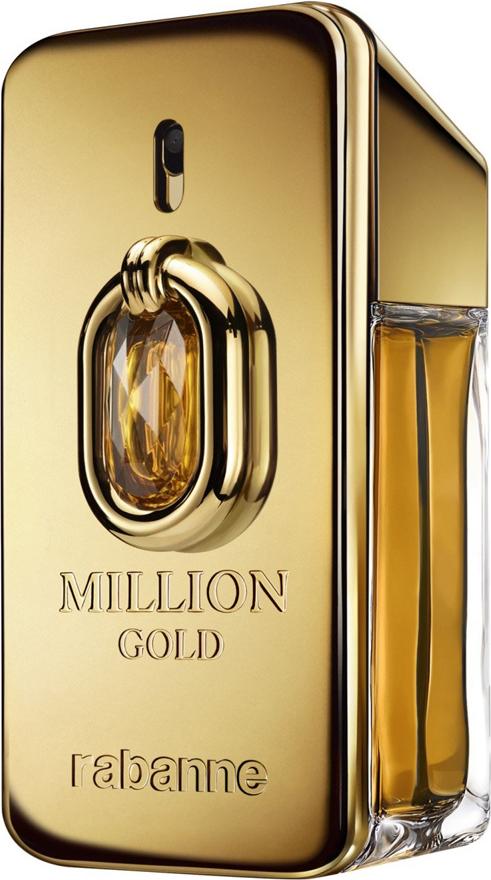 Perfumy Paco Rabanne Million Gold Elixir w luksusowym złotym flakonie 50ml na białym tle, eleganckie opakowanie męskich perfum orientalnych