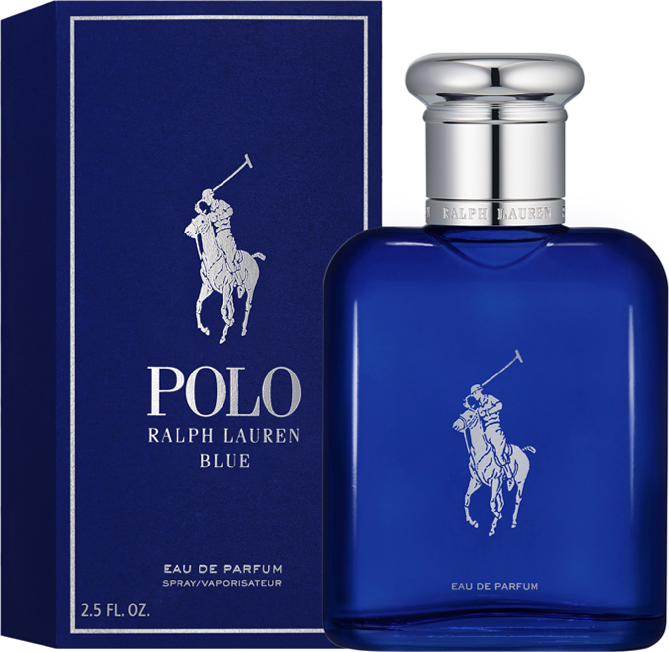 Flacon perfum Ralph Lauren Polo Blue Parfum 75ml w eleganckim niebieskim opakowaniu z logo marki na białym tle