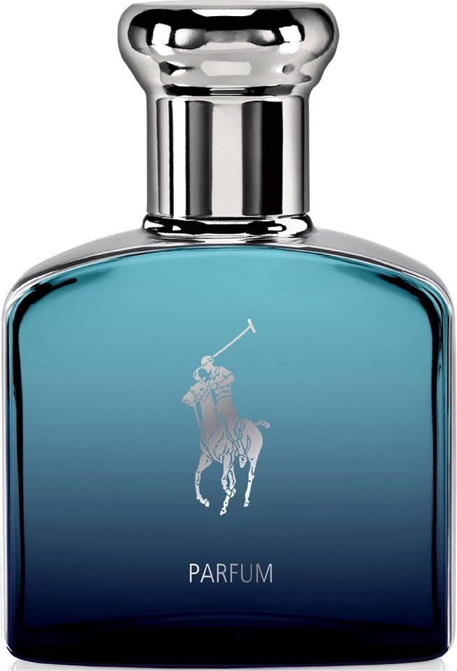 Flacon perfum Ralph Lauren Polo Deep Blue Parfum 40ml na białym tle - eleganckie niebieskie opakowanie męskich perfum aromatyczno-wodnych