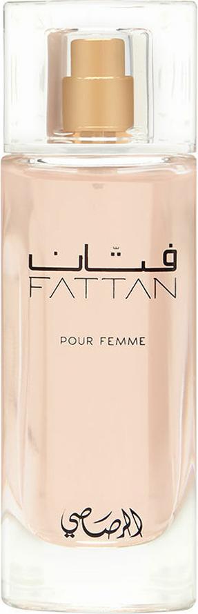 Flacon wody perfumowanej Rasasi Fattan Pour Femme 50ml z eleganckim opakowaniem marki Rasasi na białym tle - orientalne perfumy damskie