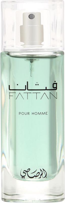 Flakon wody perfumowanej Rasasi Fattan Pour Homme 50ml na białym tle - eleganckie męskie perfumy w stylowym opakowaniu marki Rasasi