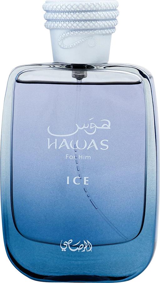 Flacon wody perfumowanej Rasasi Hawas Ice 100ml dla mężczyzn w stylowym lodowym opakowaniu z logo marki Rasasi na białym tle
