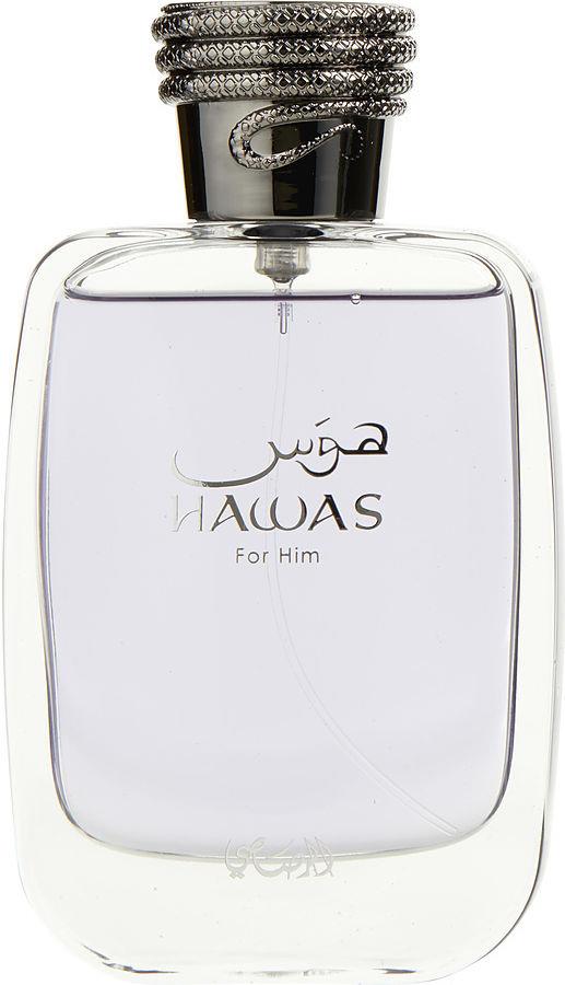 Flacon wody perfumowanej Rasasi Hawas for Him 100ml w eleganckim opakowaniu z logo marki Rasasi na białym tle