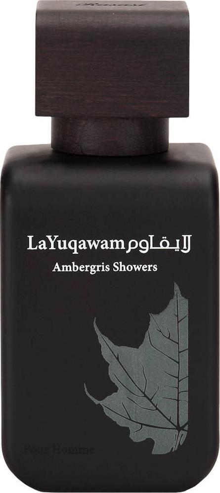Flacon wody perfumowanej Rasasi La Yuqawam Ambergris Showers 75ml dla mężczyzn z eleganckim opakowaniem marki Rasasi na białym tle