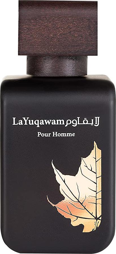 Flakon Rasasi La Yuqawam Pour Homme woda perfumowana 75ml w matowym opakowaniu ze złotymi detalami na białym tle