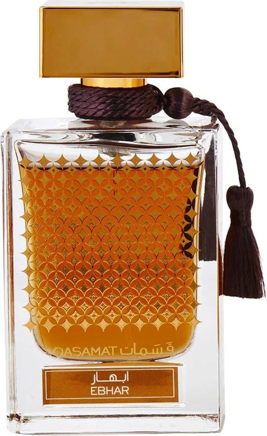 Rasasi Qasamat Ebhar woda perfumowana 65ml w eleganckim flakonie o złoto-bursztynowej kolorystyce, unisex perfumy orientalne marki Rasasi
