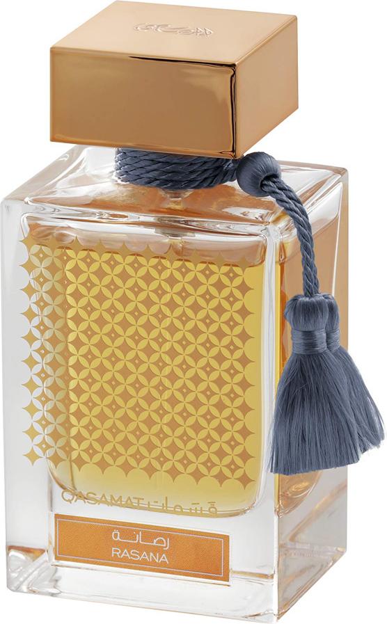 Flacon wody perfumowanej Rasasi Qasamat Rasana 65ml w eleganckim opakowaniu - luksusowe perfumy unisex marki Rasasi z orientalnymi nutami