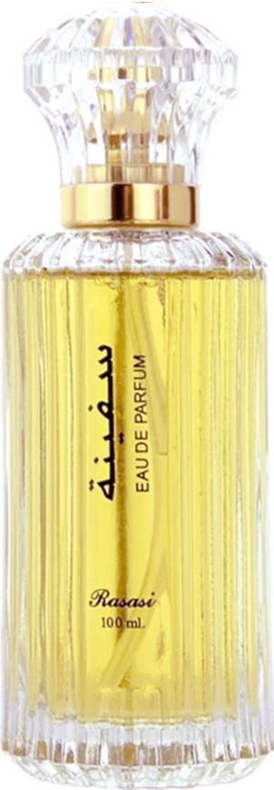 Flacon wody perfumowanej Rasasi Safina 100ml dla kobiet z eleganckim opakowaniem marki Rasasi na białym tle - luksusowe perfumy kwiatowe