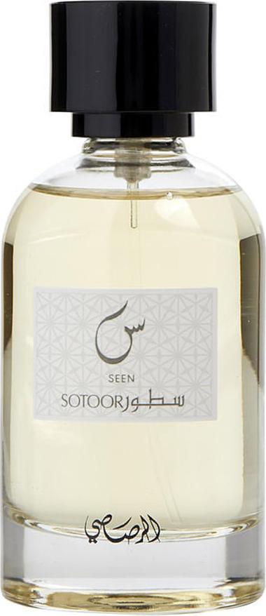 Flacon wody perfumowanej Rasasi Sotoor Seen 100ml unisex w eleganckim opakowaniu z logo marki Rasasi na białym tle