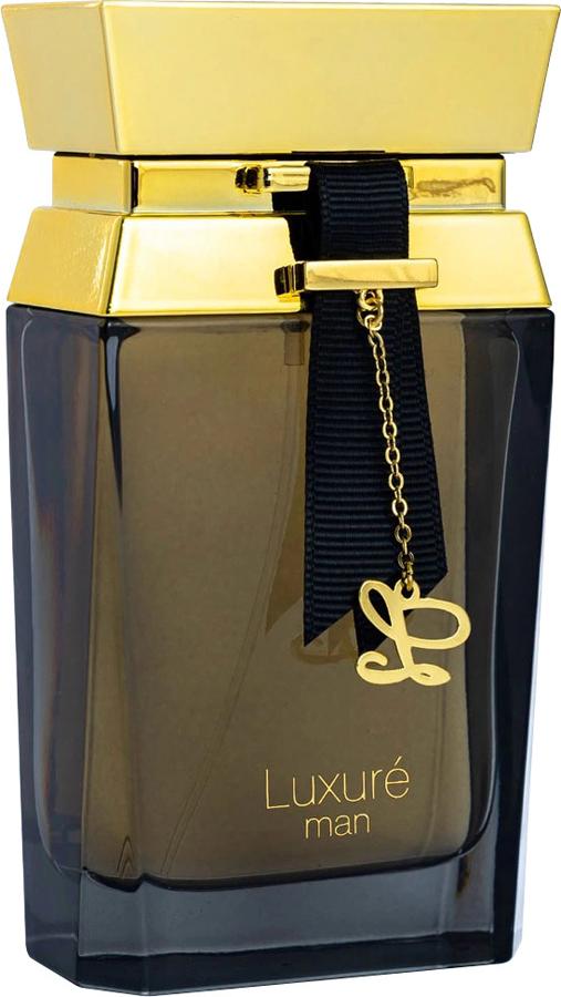 Flacon perfum Rave Luxure Man woda perfumowana 100ml dla mężczyzn w eleganckim opakowaniu z logo marki Rave na białym tle