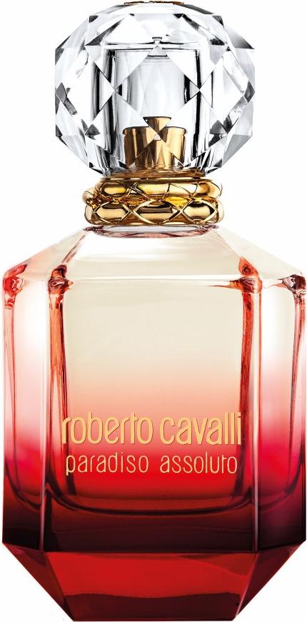 Flacon perfum Roberto Cavalli Paradiso Assoluto woda perfumowana 75ml dla kobiet na białym tle z eleganckim opakowaniem marki