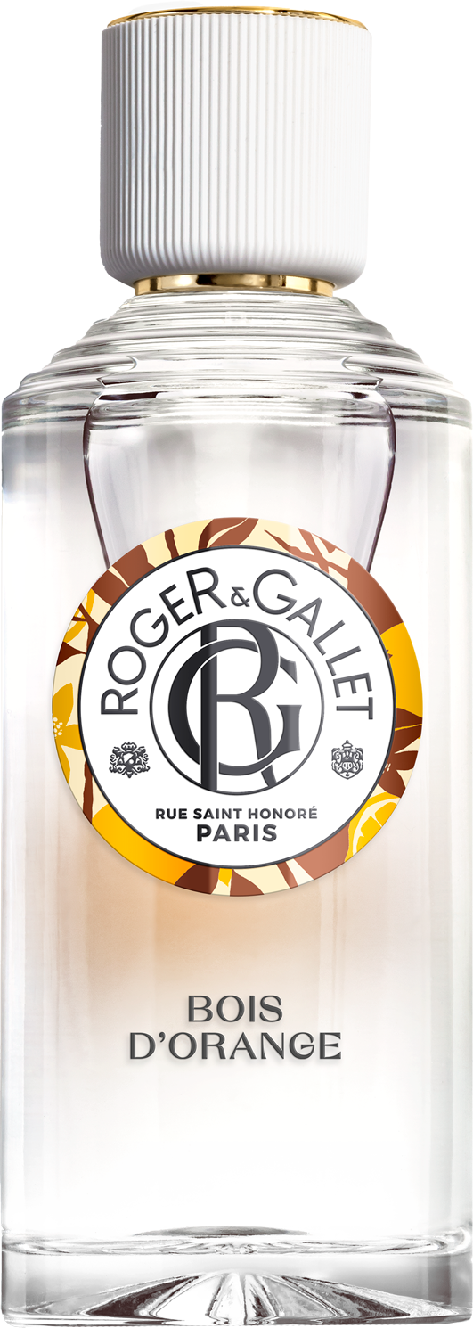 Flacon wody odświeżającej Roger & Gallet Bois d'Orange 100ml z cytrusową kompozycją pomarańczy i paczuli na białym tle z opakowaniem