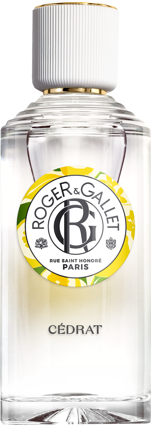 Flacon wody odświeżającej Roger & Gallet Cédrat 100ml z cytrusową kompozycją cytryny i cedrat na białym tle z eleganckim opakowaniem marki