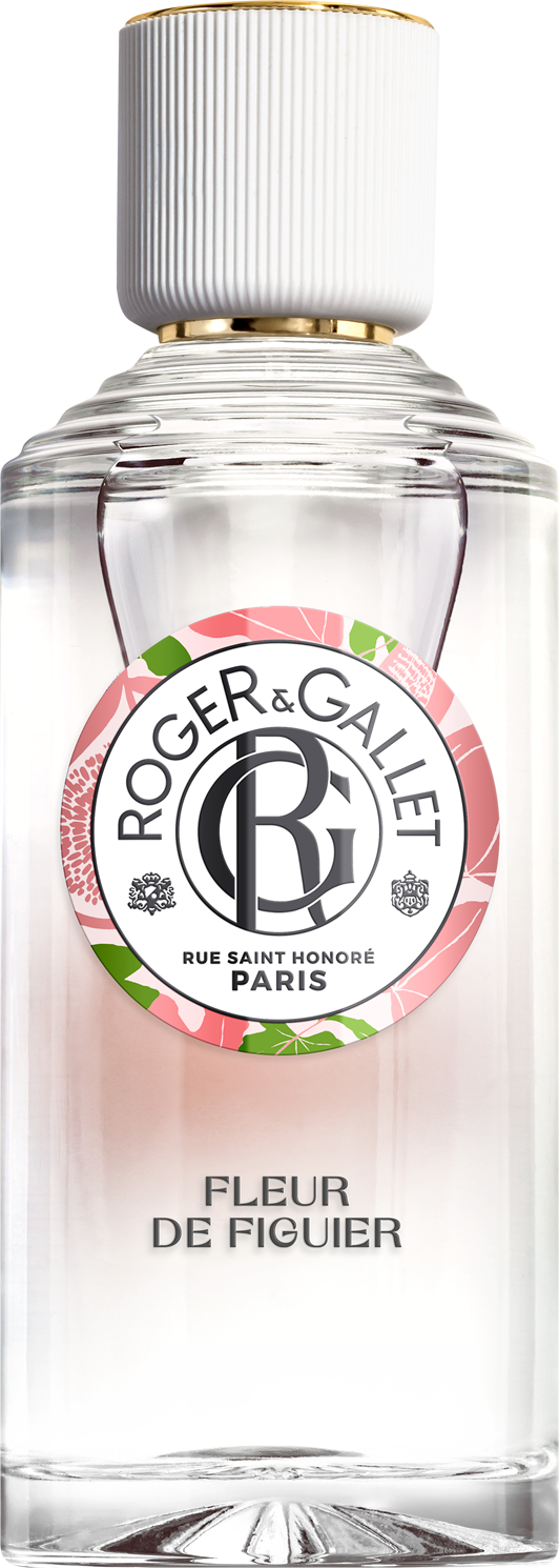 Flacon Roger & Gallet Fleur de Figuier woda odświeżająca 100ml na białym tle, eleganckie opakowanie perfum z zielonymi akcentami marki
