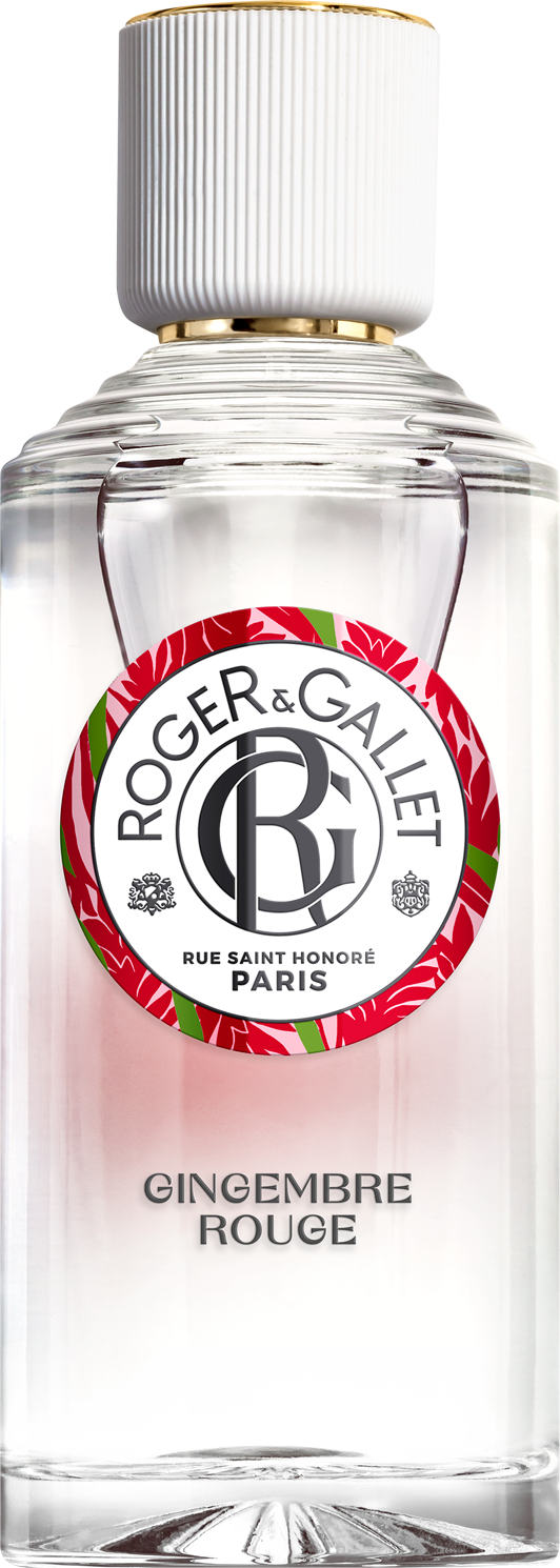 Flacon wody odświeżającej Roger & Gallet Gingembre Rouge 100ml z imbirem i różowymi jagodami dla kobiet na białym tle z eleganckim opakowaniem