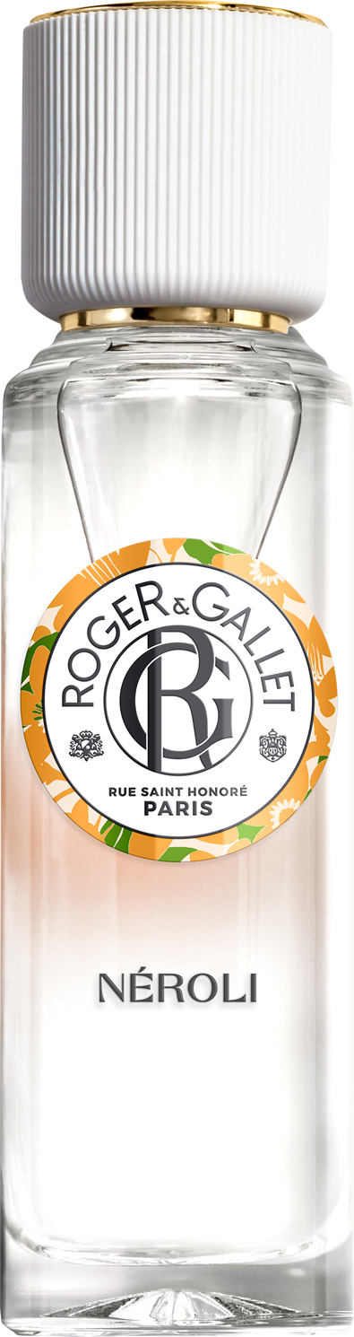 Flacon Roger & Gallet Néroli Wohlfühl-Wasser woda odświeżająca 30ml z eleganckim opakowaniem marki Roger & Gallet na białym tle