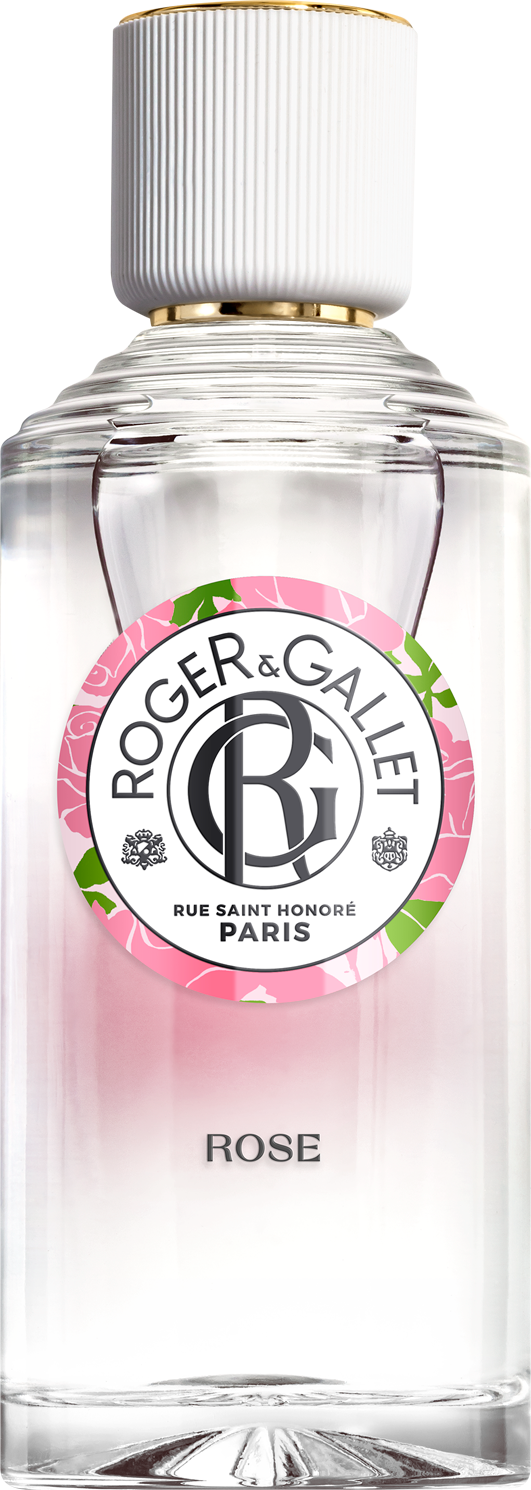 Flacon wody odświeżającej Roger & Gallet Rose 100ml z róży damasceńskiej na białym tle, eleganckie opakowanie perfum marki Roger & Gallet