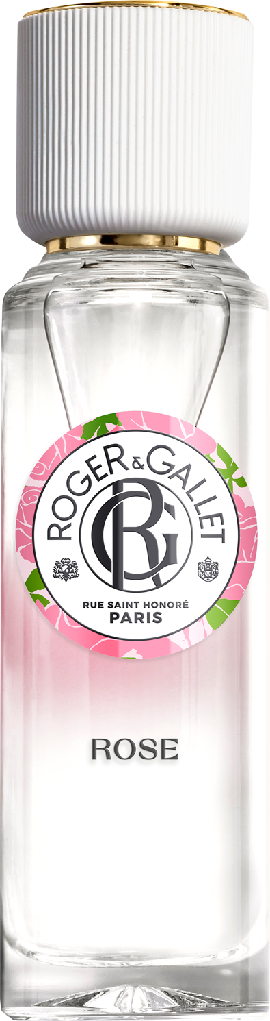 Flacon wody odświeżającej Roger & Gallet Rose 30ml z różą damasceńską, eleganckie opakowanie perfum dla kobiet na białym tle