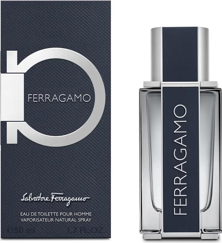 Flacon wody toaletowej Salvatore Ferragamo dla mężczyzn w eleganckim opakowaniu z logo marki na białym tle sklepowym