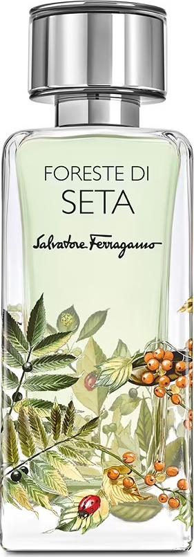 Flacon wody perfumowanej SALVATORE FERRAGAMO Foreste di Seta na białym tle - luksusowe perfumy unisex o świeżo-drzewnym zapachu