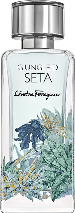 Flacon wody perfumowanej Salvatore Ferragamo Giungle di Seta z eleganckiego szkła z logo marki na białym tle w luksusowym opakowaniu