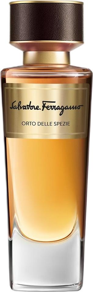 Flacon wody perfumowanej SALVATORE FERRAGAMO Tuscan Creations Orto Delle Spezie z eleganckim opakowaniem marki Ferragamo na białym tle