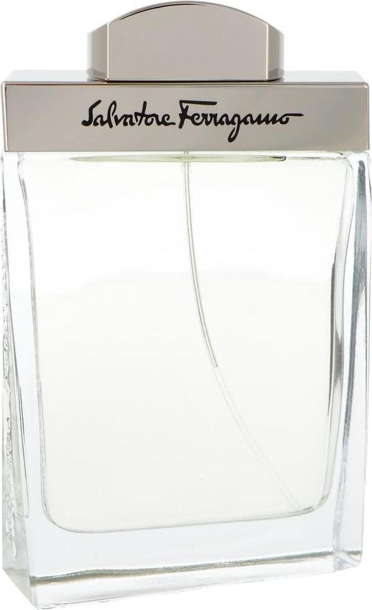 Flacon wody toaletowej Salvatore Ferragamo pour Homme 100ml w przezroczystym szklanym opakowaniu z logo marki na białym tle