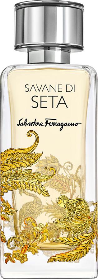 Flacon wody perfumowanej Salvatore Ferragamo Savane di Seta 50ml z eleganckim opakowaniem marki Ferragamo na białym tle