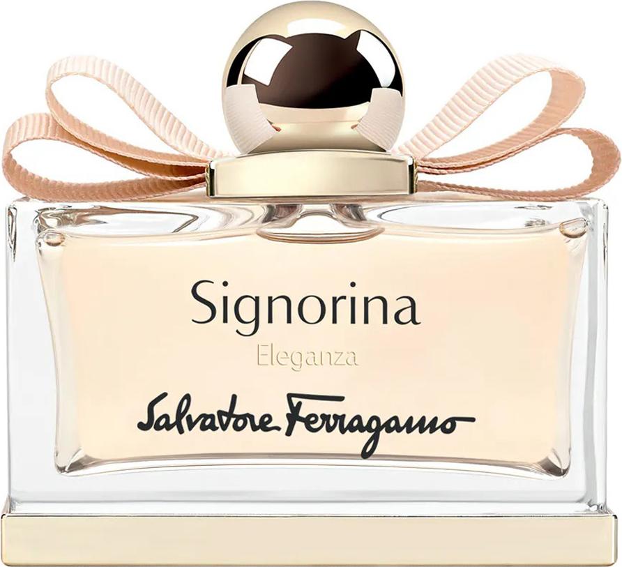 Flacon perfum Salvatore Ferragamo Signorina Eleganza woda perfumowana 100ml na białym tle z eleganckim opakowaniem marki