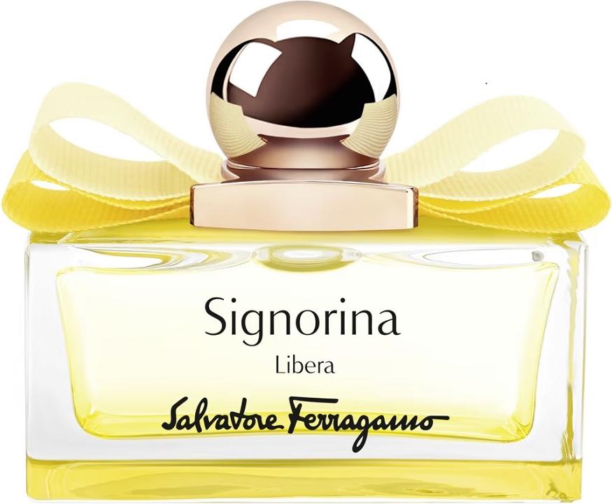 Flakon wody perfumowanej SALVATORE FERRAGAMO Signorina Libera ze słonecznym designem i elegancką wstążką na białym tle