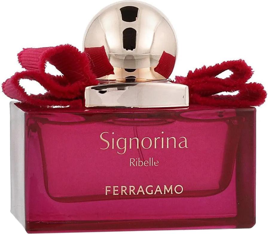 Flacon perfum Salvatore Ferragamo Signorina Ribelle woda perfumowana 30ml w różowym opakowaniu na białym tle z logo marki Ferragamo
