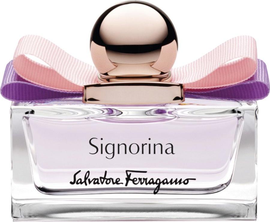 Flacon wody toaletowej Salvatore Ferragamo Signorina 100ml w pastelowym odcieniu z eleganckim opakowaniem marki Ferragamo na białym tle