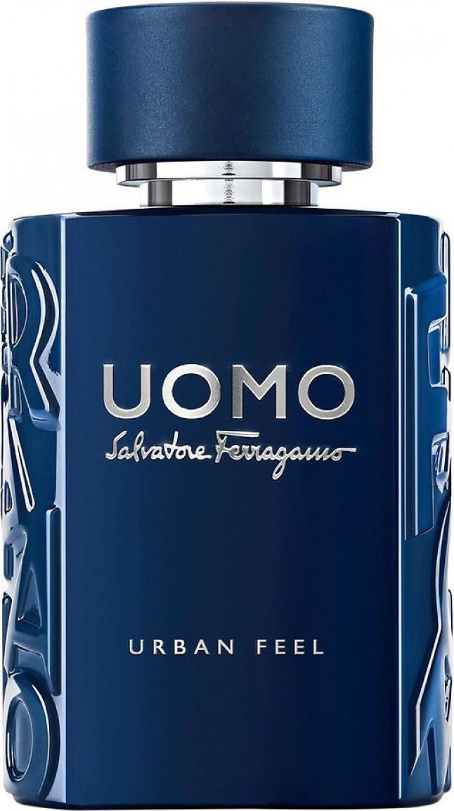 Flacon wody toaletowej Salvatore Ferragamo Uomo Urban Feel 100ml dla mężczyzn z eleganckim opakowaniem marki Ferragamo na białym tle