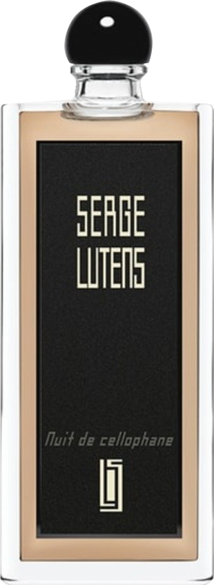 Flacon wody perfumowanej Serge Lutens Nuit de Cellophane 50ml z Collection Noire na białym tle z eleganckim opakowaniem marki