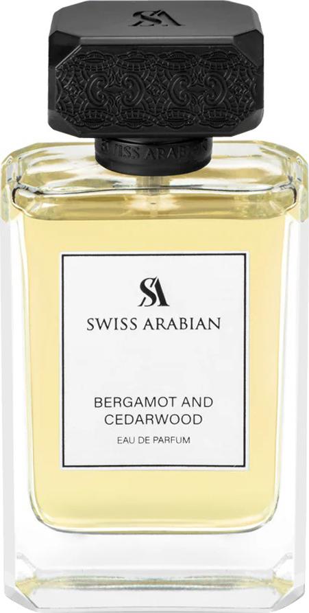 Flacon wody perfumowanej Swiss Arabian Bergamot and Cedarwood 100ml dla mężczyzn na białym tle z eleganckim opakowaniem marki