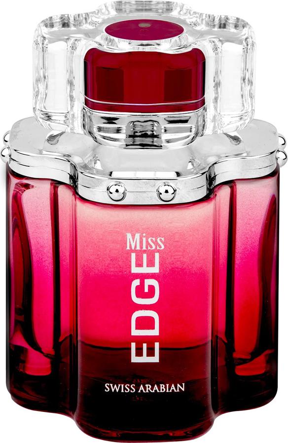 Czerwony flakon Swiss Arabian Miss Edge woda perfumowana 100ml z metalicznymi akcentami na białym tle - luksusowe perfumy damskie