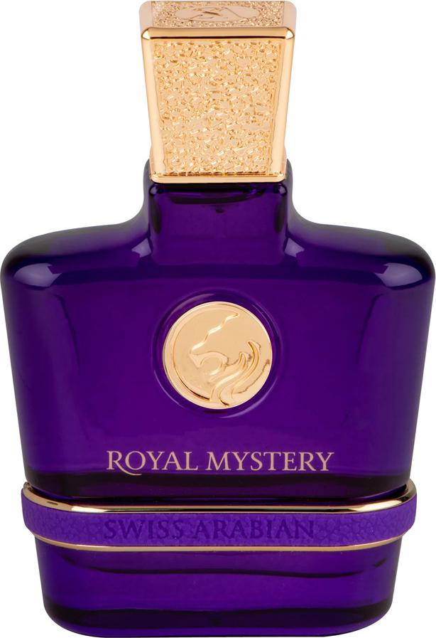 Swiss Arabian Royal Mystery woda perfumowana 100ml w purpurowym flakonie ze złotymi detalami na białym tle - luksusowy zapach dla kobiet