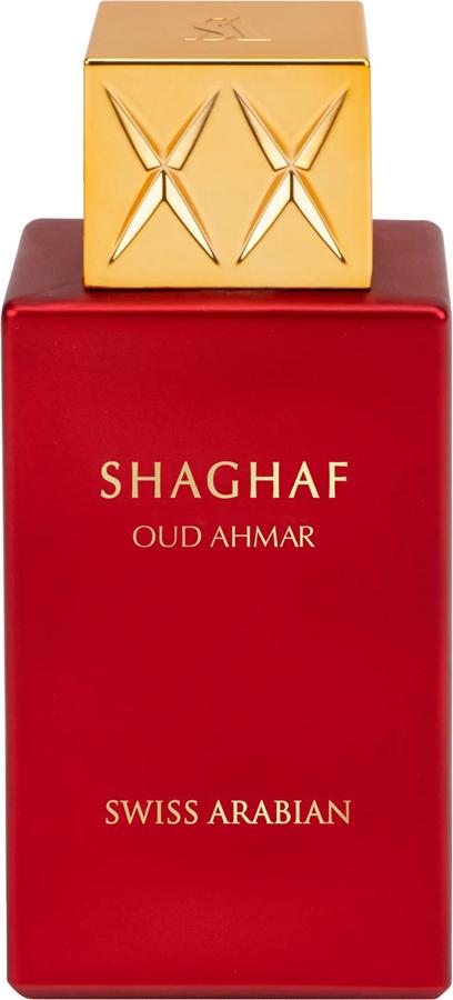 Flacon perfum Swiss Arabian Shaghaf Oud Ahmar woda perfumowana 75ml w eleganckim opakowaniu na białym tle - luksusowy zapach unisex