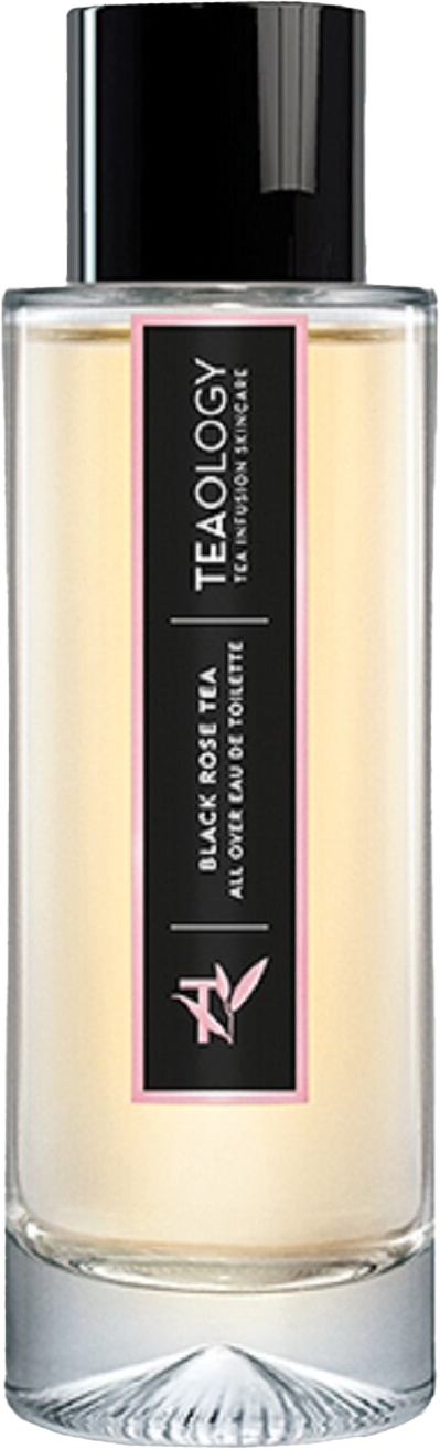Flacon wody toaletowej TEAOLOGY Black Rose Tea All Over 100ml z eleganckim opakowaniem marki TEAOLOGY na białym tle