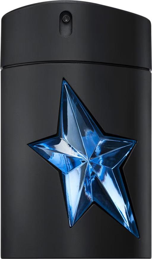 Mugler A Men woda toaletowa 100ml w charakterystycznym gwiazdowym flakonie Rubber Refillable na białym tle z logo marki Mugler
