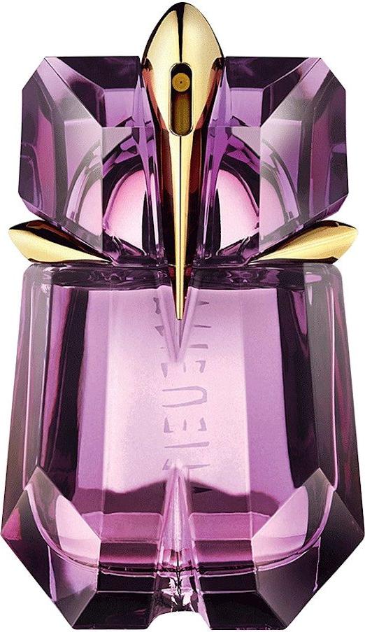 Fioletowy flakon perfum MUGLER Alien Eau de Toilette 30ml w kształcie ametystu na białym tle - kultowy zapach dla kobiet marki Mugler