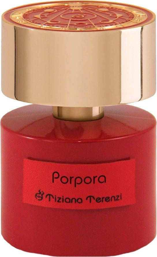 Flacon perfum Tiziana Terenzi Porpora 100ml w eleganckim opakowaniu - luksusowe perfumy unisex z nutami róży, malin i cynamonu na białym tle