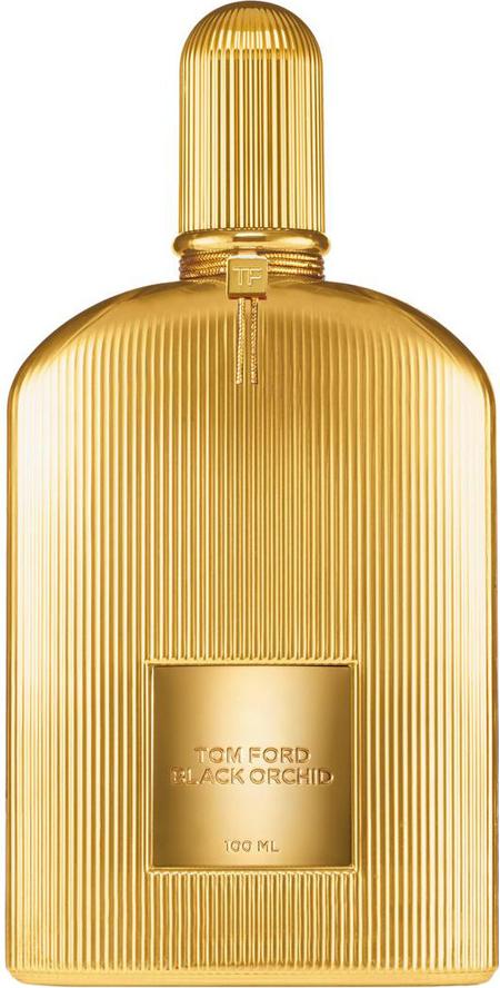 Tom Ford Black Orchid Parfum woda perfumowana 100ml w eleganckim złotym flakonie z czarną etykietą marki Tom Ford na białym tle