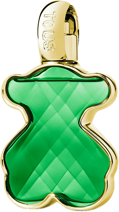 Tous LoveMe Emerald woda perfumowana 30ml w szmaragdowej butelce w kształcie niedźwiedzia ze złotymi detalami na białym tle z opakowaniem