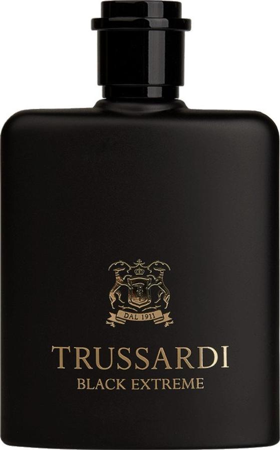 Flacon wody toaletowej Trussardi Black Extreme 100ml dla mężczyzn w eleganckim czarnym opakowaniu z logo marki Trussardi na białym tle