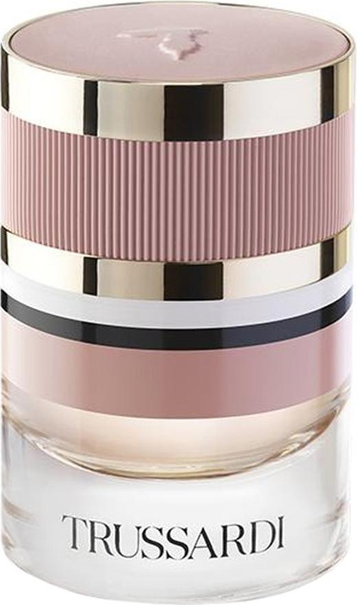 Flakon Trussardi Eau de Parfum woda perfumowana 30ml w różowo-czarno-złotych barwach na białym tle z logo marki Trussardi